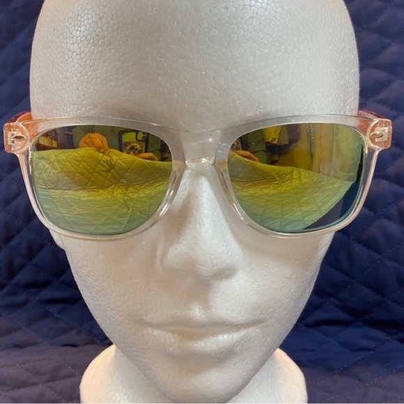 Sunglasses Clear & Orange Frames. Golden-Green Mirrored Lenses. - Picture 5 of 11